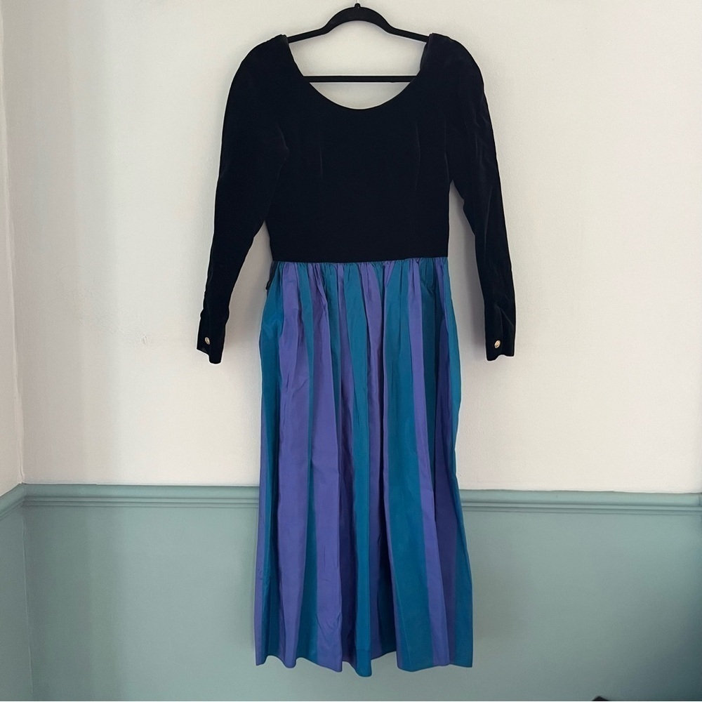 Laura Ashley Black Velvet and Azure Blue Vintage Dress